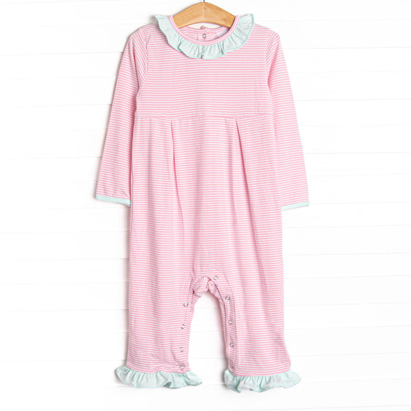  This romper features soft knit material, sweet pink stripes, and snaps in the stride to make changing a breeze. 