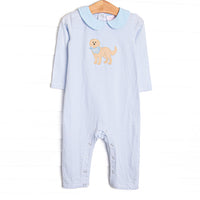  This romper features a blue striped print, a puppy applique and blue peter pan collar. 