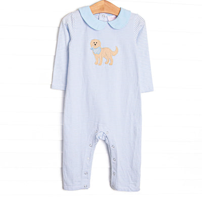  This romper features a blue striped print, a puppy applique and blue peter pan collar. 
