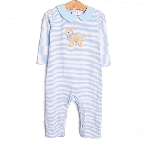  This romper features a blue striped print, a puppy applique and blue peter pan collar. 