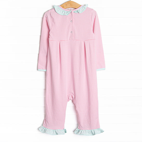 Lexie Ruffle Romper, Mint and Light Pink Stripe