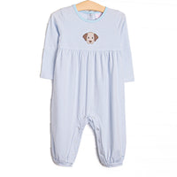 This romper features a light blue striped material, a puppy applique and snaps on the stride.