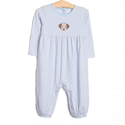 This romper features a light blue striped material, a puppy applique and snaps on the stride.