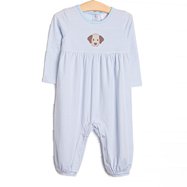 This romper features a light blue striped material, a puppy applique and snaps on the stride.