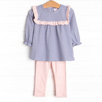 The set features soft knit material, sweet violet stripes, and coordinating light pink leggings to match