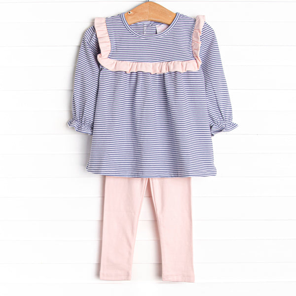 The set features soft knit material, sweet violet stripes, and coordinating light pink leggings to match