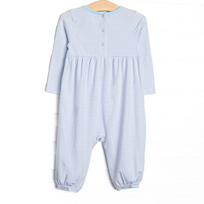 Furry Ear Friend Applique Romper, Light Blue Stripe