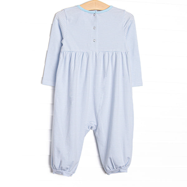 Furry Ear Friend Applique Romper, Light Blue Stripe