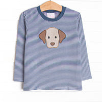  This top features a navy blue striped material, a puppy applique, and long sleeves. 