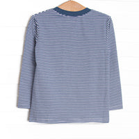 Furry Ear Friend Applique Long Sleeve Top, Navy Stripe