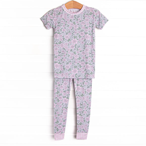 Gingham Gardenias Bamboo Pajama Short Sleeve Set, Pink