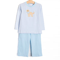  This set features a blue striped top with a puppy applique and blue pants to match. 