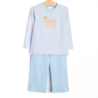  This set features a blue striped top with a puppy applique and blue pants to match. 