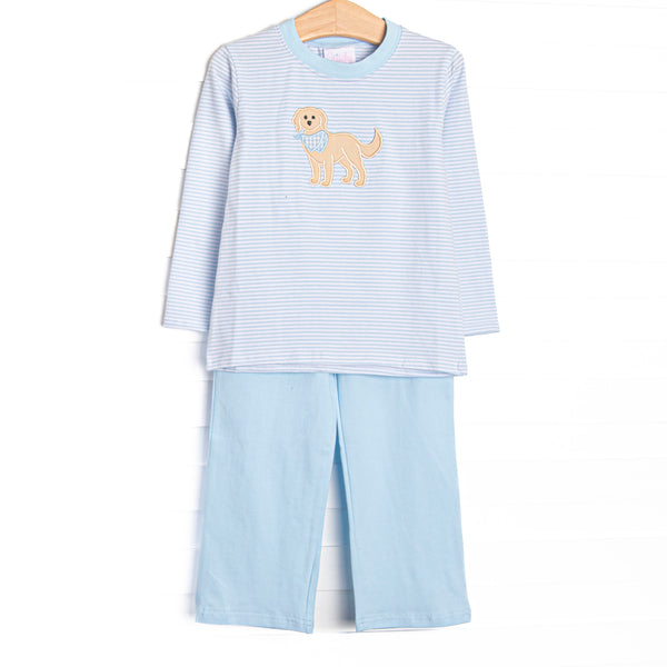  This set features a blue striped top with a puppy applique and blue pants to match. 