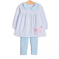  This set features a blue striped print, a puppy applique and blue peter pan collar. Coordinating blue leggings to match. 