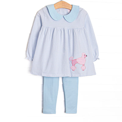  This set features a blue striped print, a puppy applique and blue peter pan collar. Coordinating blue leggings to match. 