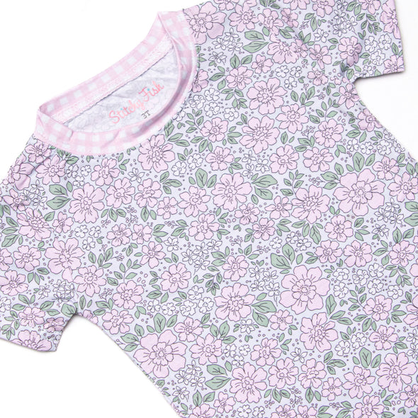 Gingham Gardenias Bamboo Pajama Short Sleeve Set, Pink