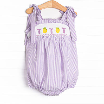 Tied With a Twist Smocked Bubble, Purple Seersucker
