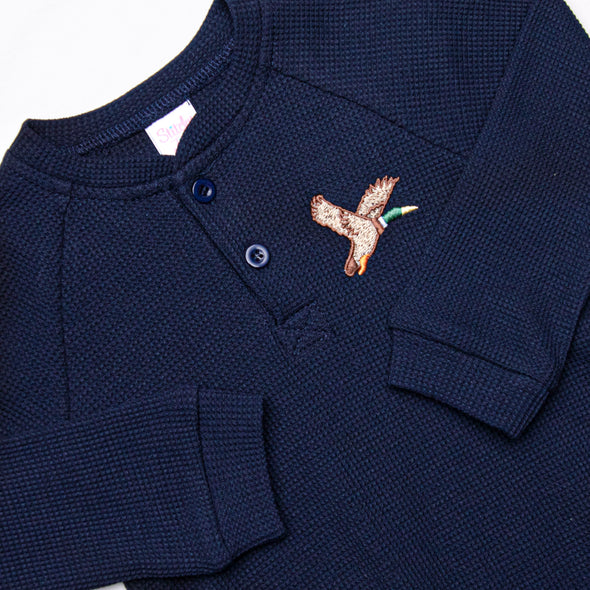Flying Home Embroidered Waffle Knit Top, Blue