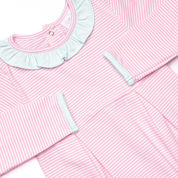 Lexie Ruffle Romper, Mint and Light Pink Stripe