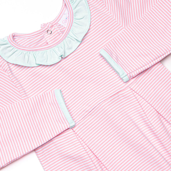 Lexie Ruffle Romper, Mint and Light Pink Stripe