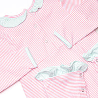 Lexie Ruffle Romper, Mint and Light Pink Stripe