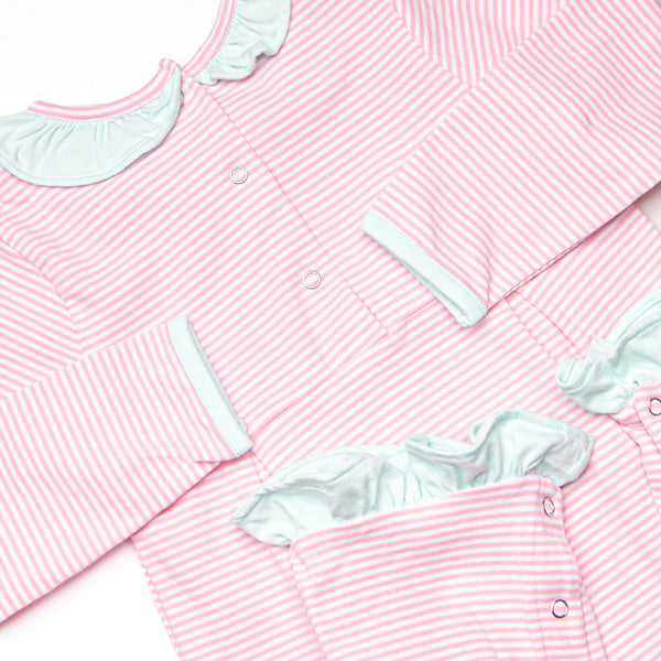 Lexie Ruffle Romper, Mint and Light Pink Stripe