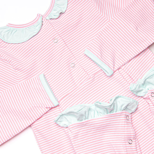 Lexie Ruffle Romper, Mint and Light Pink Stripe