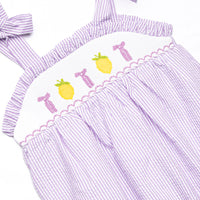 Tied With a Twist Smocked Bubble, Purple Seersucker