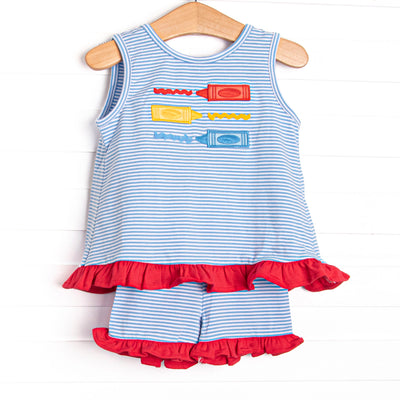  This set features a blue striped print, red ruffle trim, and multicolored crayon applique. Matching ruffle short to complete the set. 