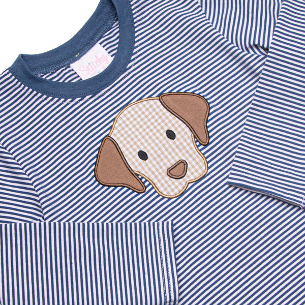 Furry Ear Friend Applique Long Sleeve Top, Navy Stripe