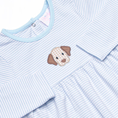 Furry Ear Friend Applique Romper, Light Blue Stripe