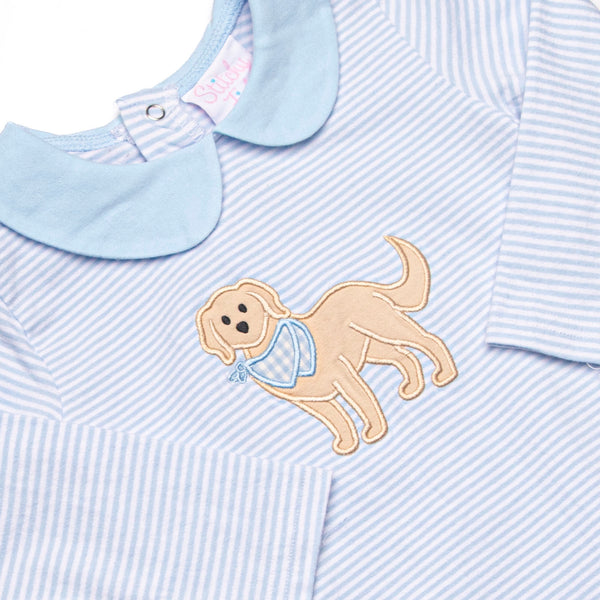 Park Avenue Pooch Applique Collared Romper, Blue