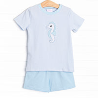 Hold Your Seahorses Applique Short Set, Blue Stripe