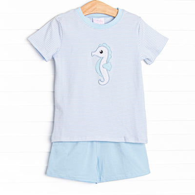 Hold Your Seahorses Applique Short Set, Blue Stripe