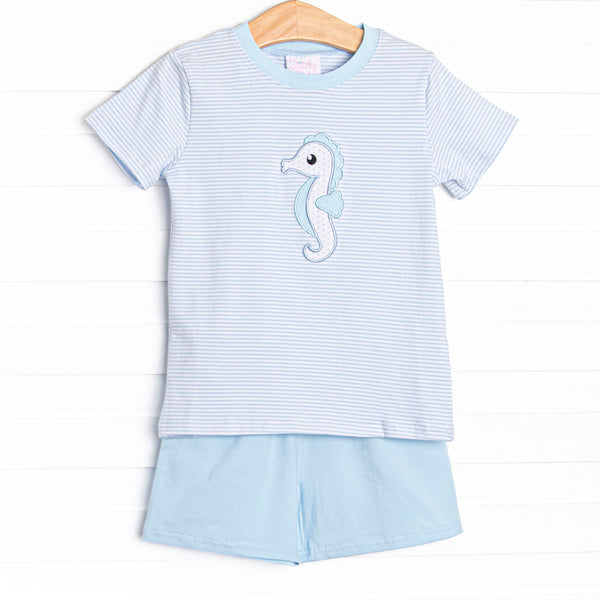 Hold Your Seahorses Applique Short Set, Blue Stripe