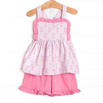 Hold Your Seahorses Ruffle Short Set, Pink