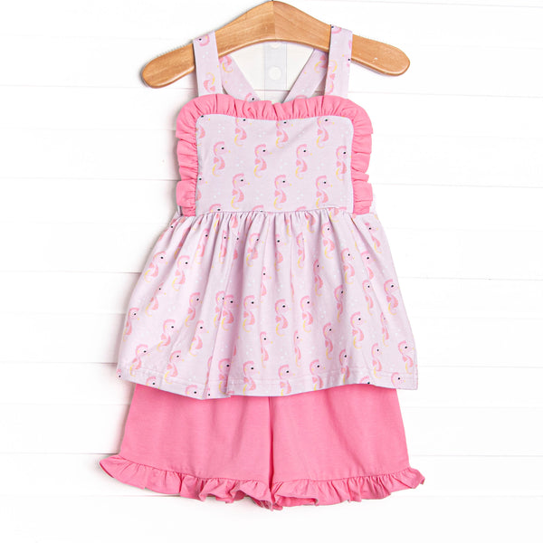 Hold Your Seahorses Ruffle Short Set, Pink