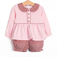 This set features a pink gingham print, mauve corduroy peter pan collar, and fabric covered buttons. Coordinating mauve corduroy bloomer shorts to match.