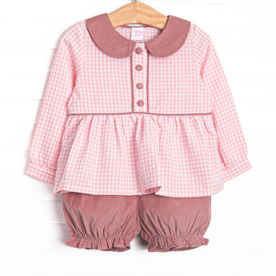 This set features a pink gingham print, mauve corduroy peter pan collar, and fabric covered buttons. Coordinating mauve corduroy bloomer shorts to match.