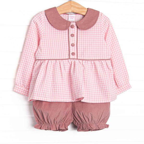 This set features a pink gingham print, mauve corduroy peter pan collar, and fabric covered buttons. Coordinating mauve corduroy bloomer shorts to match.
