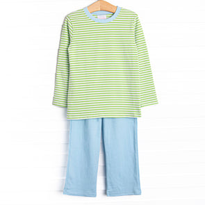 Charles Long Sleeve Pant Set, Blue and Light Green Stripe