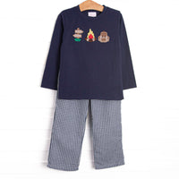  This set features a navy blue top with camp inspired appliques and navy blue gingham pants to match. 