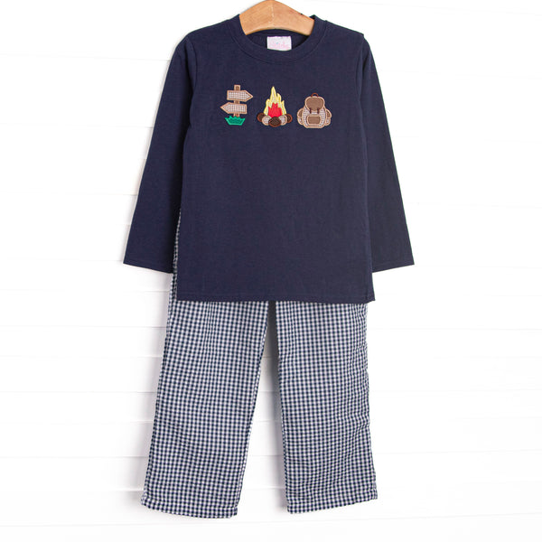  This set features a navy blue top with camp inspired appliques and navy blue gingham pants to match. 