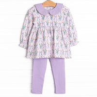 This set features a purple floral, a purple peter pan collar, and a purple leggings to match