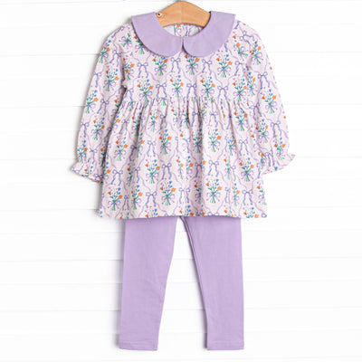 This set features a purple floral, a purple peter pan collar, and a purple leggings to match
