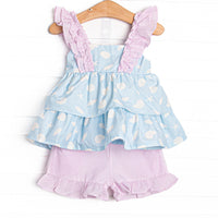 Pink Shoreline Shells Ruffle Short Set, Blue