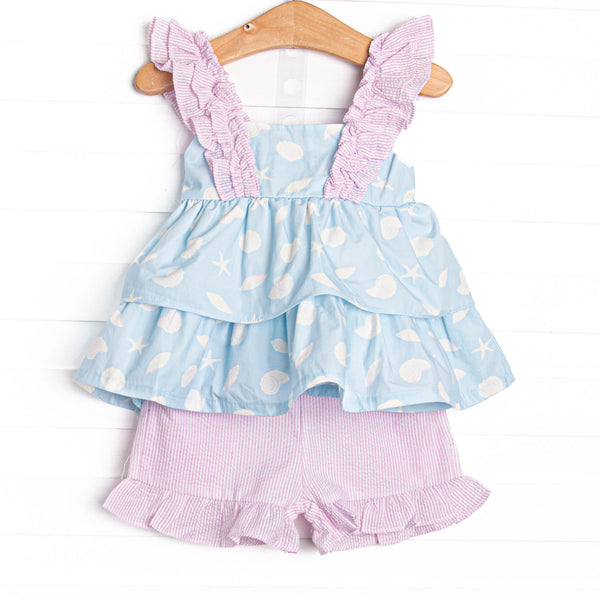 Pink Shoreline Shells Ruffle Short Set, Blue