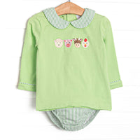  This set features light green fabric, a striped Peter Pan collar, and farm animal embroideries. Coordinating green striped diaper cover to match. 