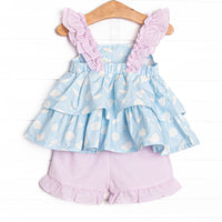 Pink Shoreline Shells Ruffle Short Set, Blue